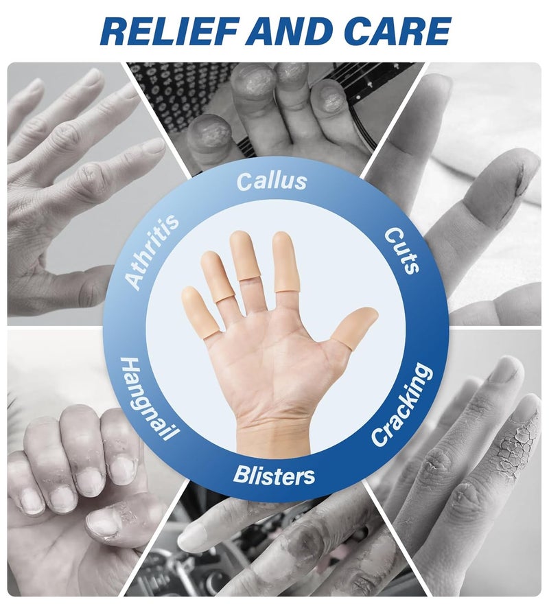 MasterMo Gel Finger Cots Protectors, Silicone Fingers Covers Bandages Caps Sleeves for Fingertip Thumb Protection, Ideal for Trigger, Arthritis, Cracking, Blisters, Callus, Hangnail & Pain Relief (Nude, 10M+4L+4S) - Image 3